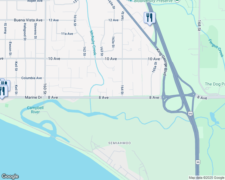 map of restaurants, bars, coffee shops, grocery stores, and more near 878 163A Street in Surrey
