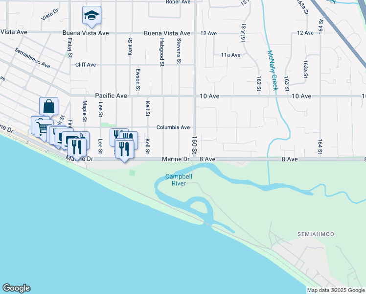 map of restaurants, bars, coffee shops, grocery stores, and more near 838 Stevens Street in White Rock
