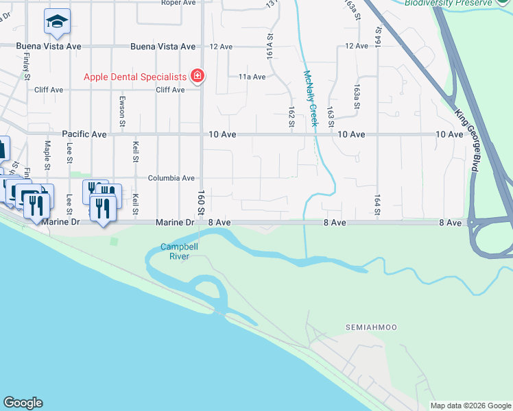 map of restaurants, bars, coffee shops, grocery stores, and more near 16128 8A Avenue in Surrey