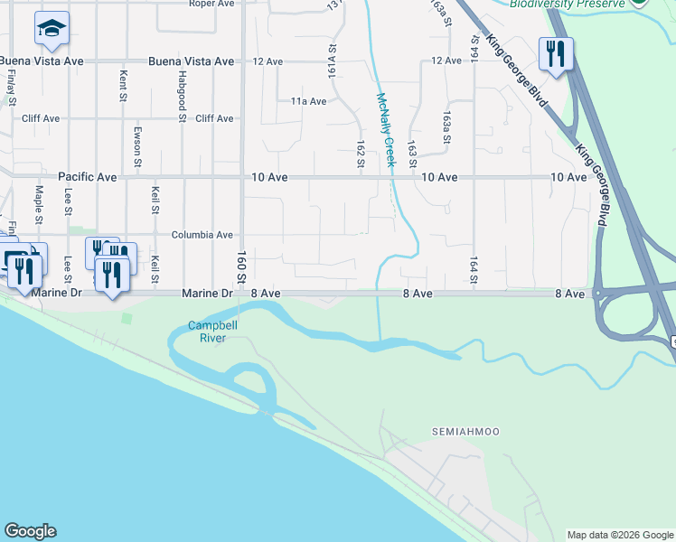 map of restaurants, bars, coffee shops, grocery stores, and more near 16162 8A Avenue in Surrey