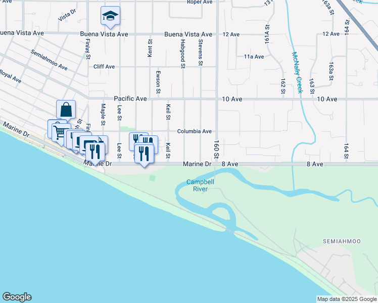 map of restaurants, bars, coffee shops, grocery stores, and more near 838 Habgood Street in White Rock