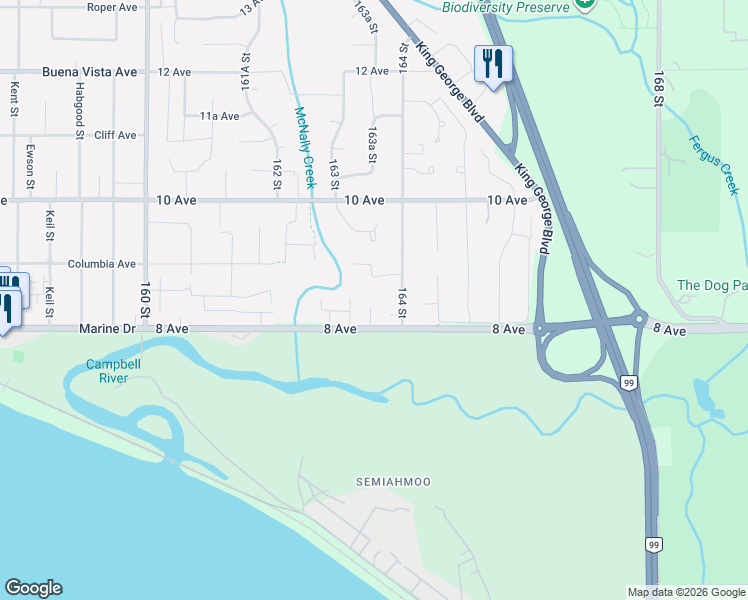 map of restaurants, bars, coffee shops, grocery stores, and more near 878 163A Street in Surrey