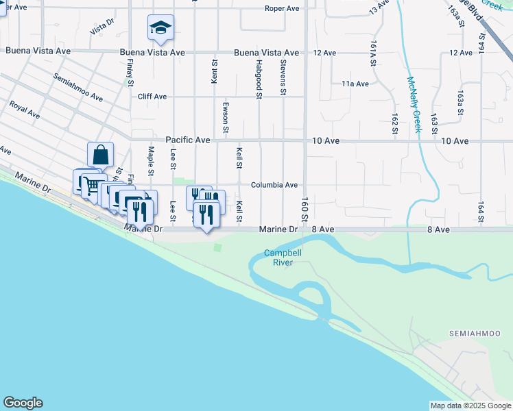 map of restaurants, bars, coffee shops, grocery stores, and more near 855 Habgood Street in White Rock