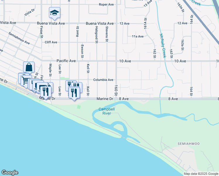 map of restaurants, bars, coffee shops, grocery stores, and more near 858 Stevens Street in White Rock