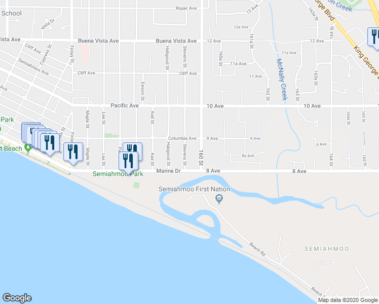 map of restaurants, bars, coffee shops, grocery stores, and more near 858 Stevens Street in White Rock
