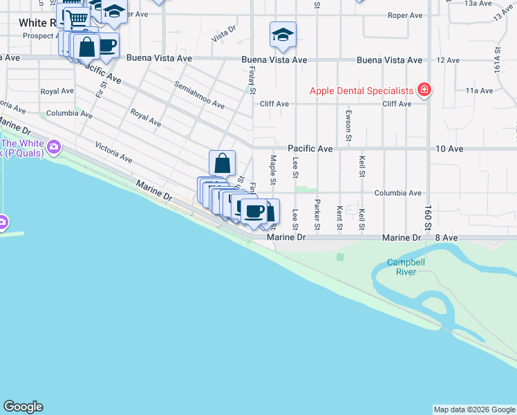 map of restaurants, bars, coffee shops, grocery stores, and more near 866 Finlay Street in White Rock