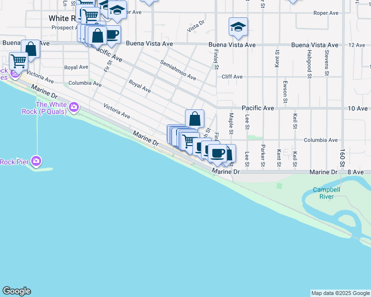 map of restaurants, bars, coffee shops, grocery stores, and more near 15498 Victoria Avenue in White Rock