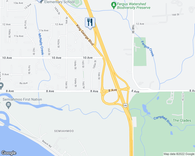 map of restaurants, bars, coffee shops, grocery stores, and more near 877 166 Street in Surrey
