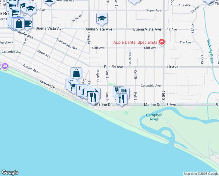 map of restaurants, bars, coffee shops, grocery stores, and more near 886 Lee Street in White Rock