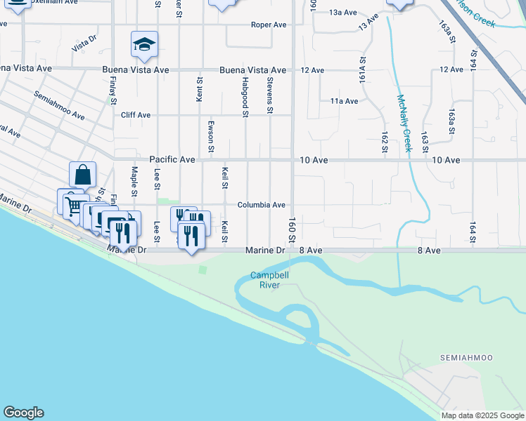 map of restaurants, bars, coffee shops, grocery stores, and more near 887 Stevens Street in White Rock