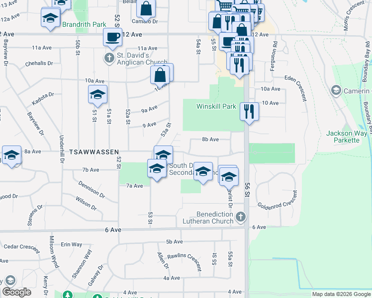 map of restaurants, bars, coffee shops, grocery stores, and more near 5409 8A Avenue in Delta