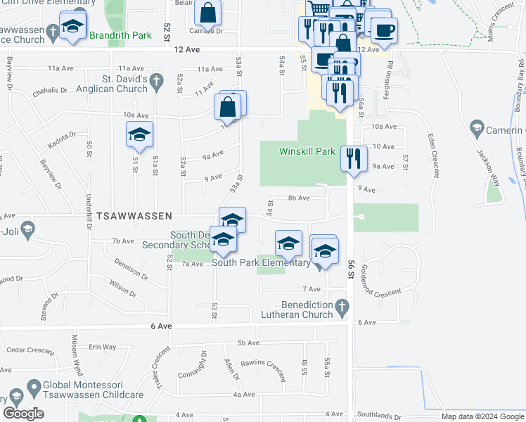 map of restaurants, bars, coffee shops, grocery stores, and more near 5409 8A Avenue in Delta