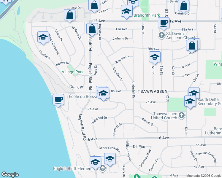 map of restaurants, bars, coffee shops, grocery stores, and more near 4909 8A Avenue in Delta