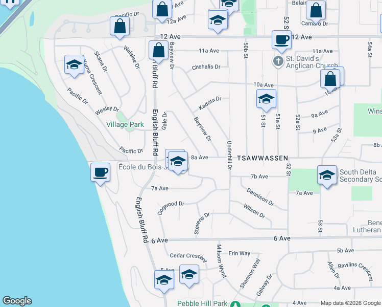 map of restaurants, bars, coffee shops, grocery stores, and more near 4909 8A Avenue in Delta