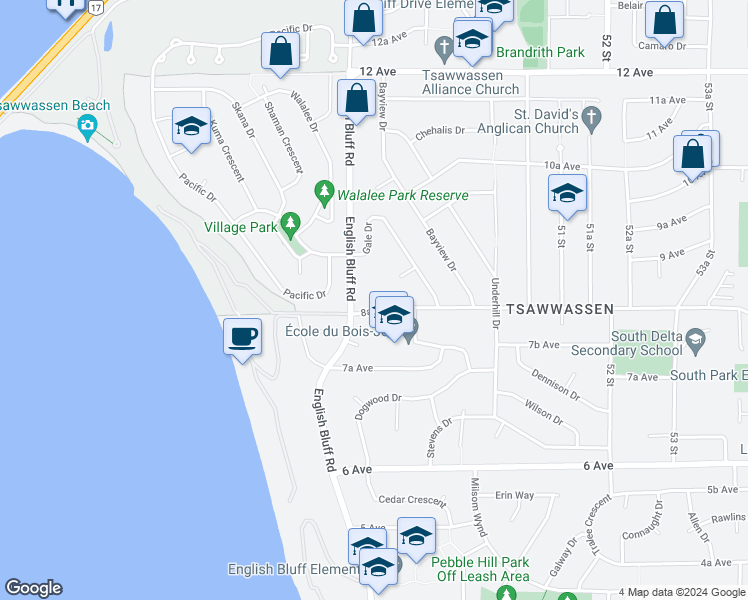 map of restaurants, bars, coffee shops, grocery stores, and more near 4837 8A Avenue in Delta