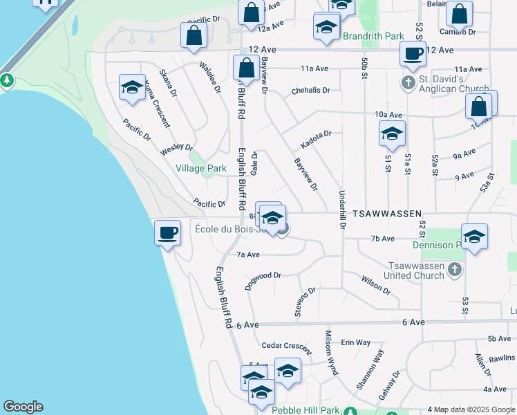 map of restaurants, bars, coffee shops, grocery stores, and more near 4837 8A Avenue in Delta