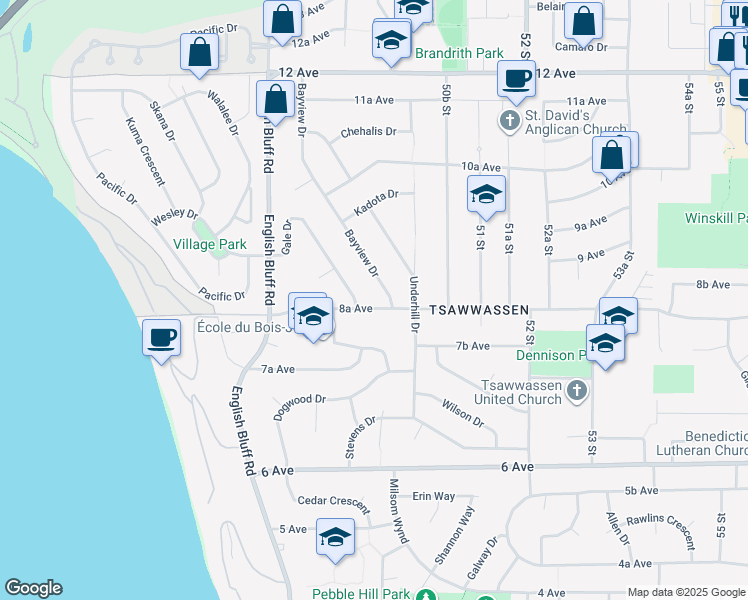 map of restaurants, bars, coffee shops, grocery stores, and more near 4965 8A Avenue in Delta