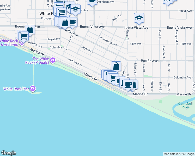 map of restaurants, bars, coffee shops, grocery stores, and more near 15423 Marine Drive in White Rock