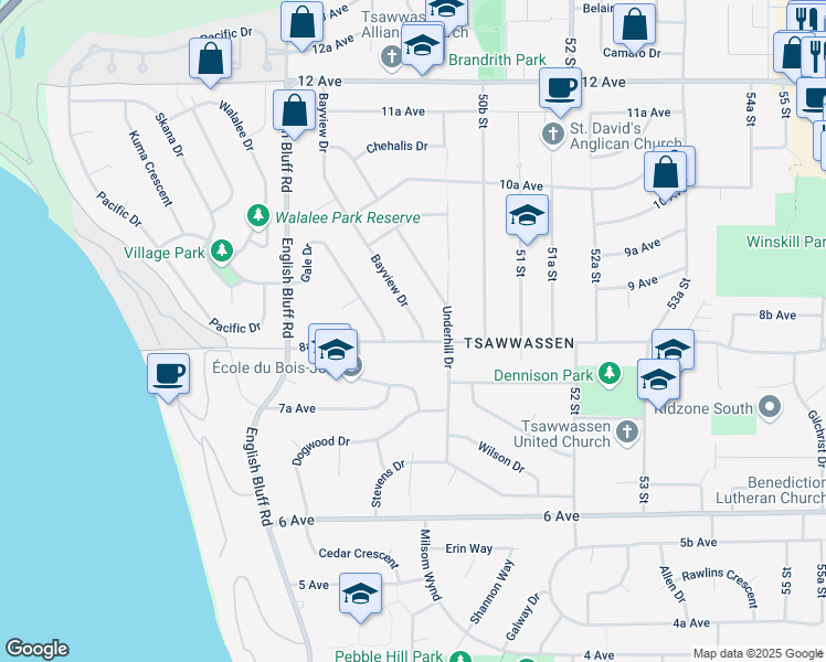 map of restaurants, bars, coffee shops, grocery stores, and more near 855 Bayview Drive in Delta