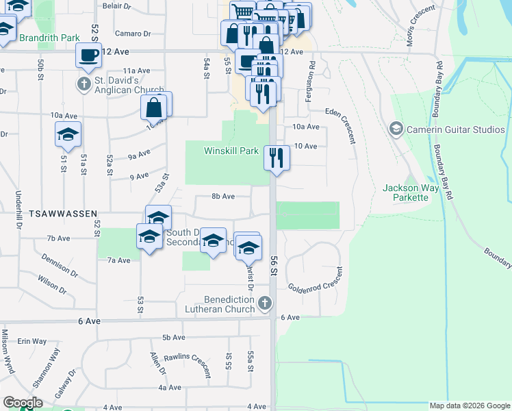 map of restaurants, bars, coffee shops, grocery stores, and more near 856 55A Street in Delta