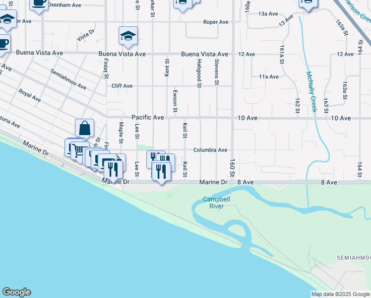 map of restaurants, bars, coffee shops, grocery stores, and more near Keil Street in White Rock