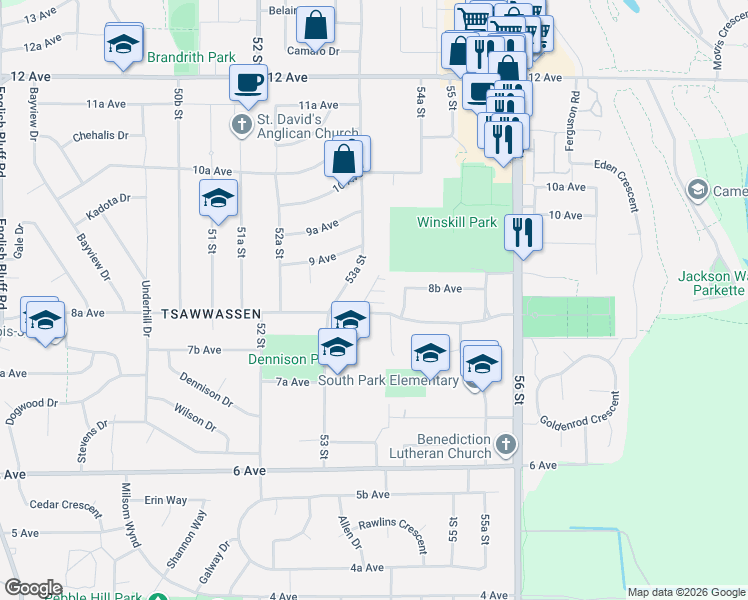 map of restaurants, bars, coffee shops, grocery stores, and more near 5377 8A Avenue in Delta