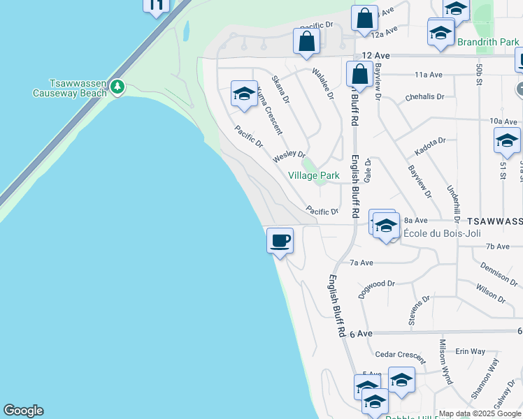 map of restaurants, bars, coffee shops, grocery stores, and more near 882 Tsawwassen Beach Road in Delta