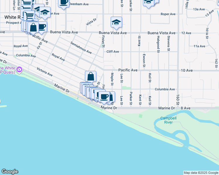 map of restaurants, bars, coffee shops, grocery stores, and more near 907 Maple Street in White Rock