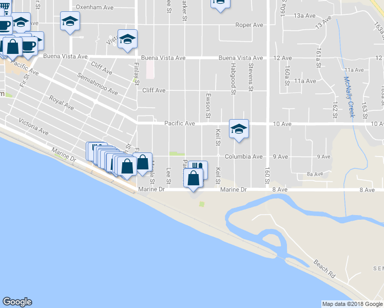 map of restaurants, bars, coffee shops, grocery stores, and more near 15775 Columbia Avenue in White Rock