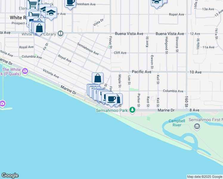 map of restaurants, bars, coffee shops, grocery stores, and more near 15611 Columbia Avenue in White Rock