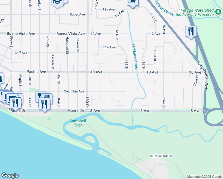 map of restaurants, bars, coffee shops, grocery stores, and more near 16143 9 Avenue in Surrey