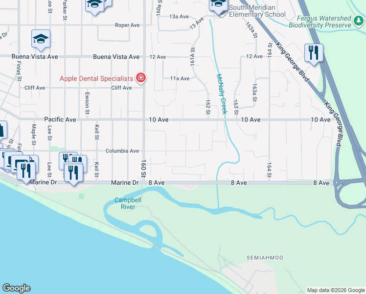 map of restaurants, bars, coffee shops, grocery stores, and more near 16143 9 Avenue in Surrey