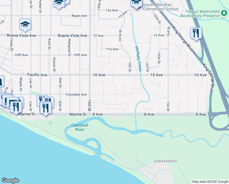 map of restaurants, bars, coffee shops, grocery stores, and more near 16143 9 Avenue in Surrey