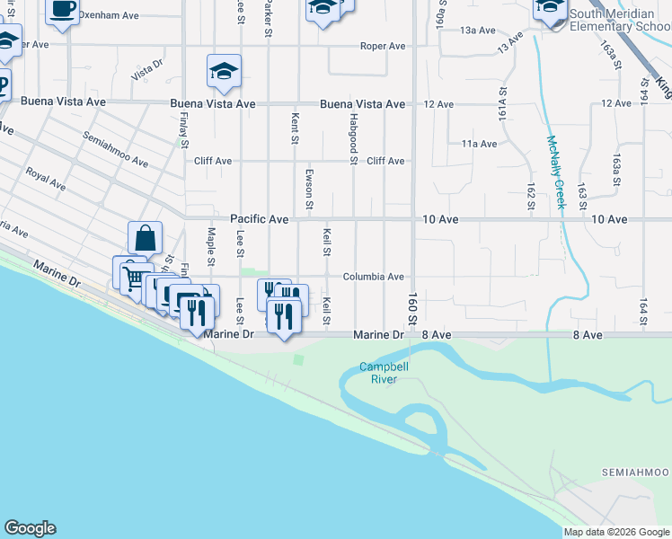 map of restaurants, bars, coffee shops, grocery stores, and more near in White Rock