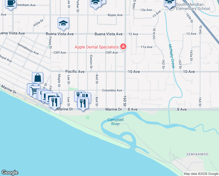 map of restaurants, bars, coffee shops, grocery stores, and more near 912 Habgood Street in White Rock