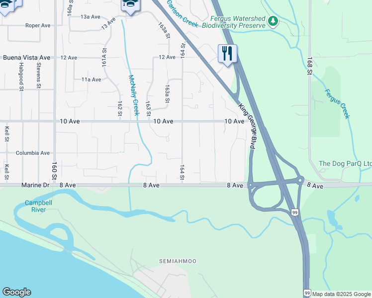 map of restaurants, bars, coffee shops, grocery stores, and more near 914 164 Street in Surrey