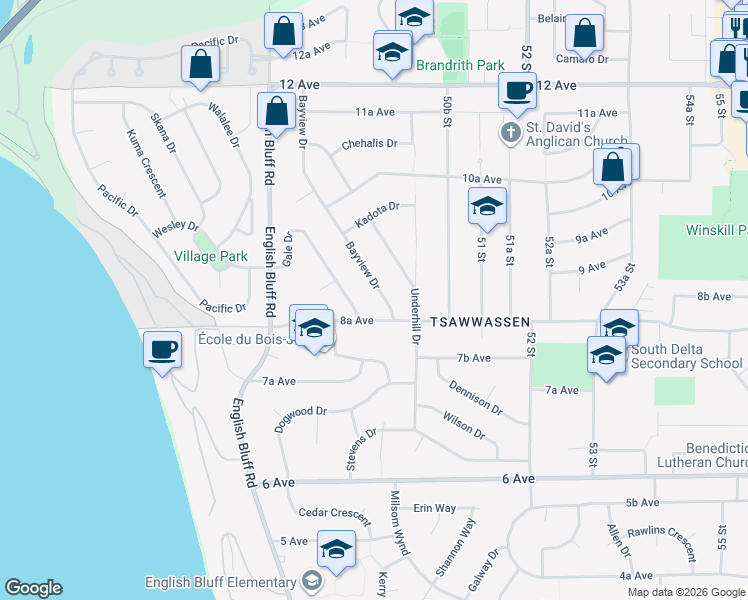 map of restaurants, bars, coffee shops, grocery stores, and more near 871 Bayview Drive in Delta