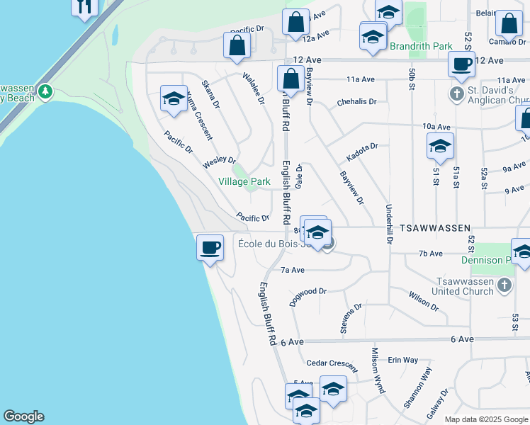 map of restaurants, bars, coffee shops, grocery stores, and more near 844 Pacific Drive in Delta