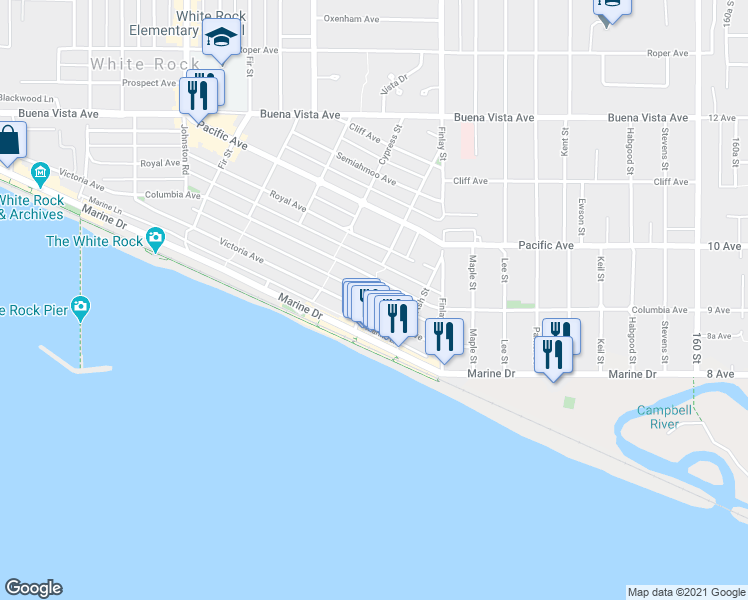 map of restaurants, bars, coffee shops, grocery stores, and more near 916 Balsam Street in White Rock