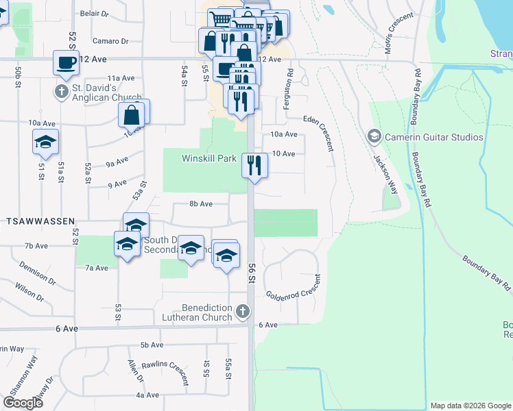 map of restaurants, bars, coffee shops, grocery stores, and more near 866 56 Street in Delta
