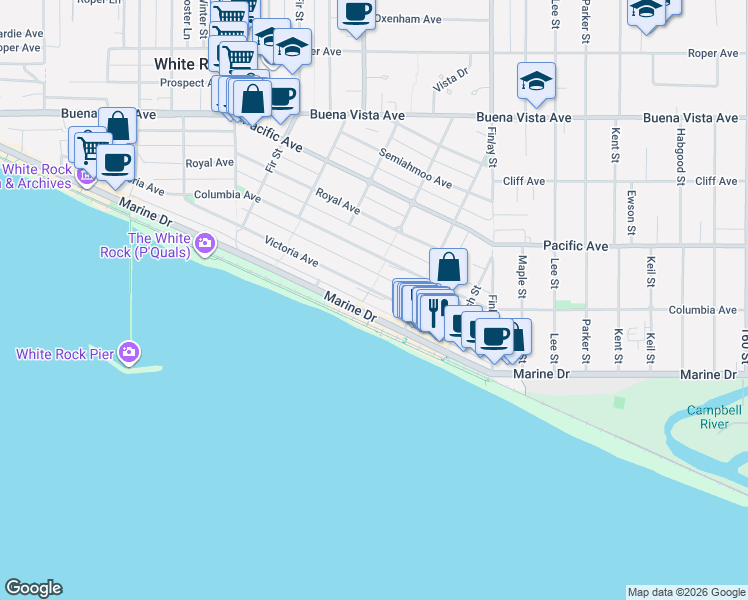 map of restaurants, bars, coffee shops, grocery stores, and more near 15410 Victoria Avenue in White Rock