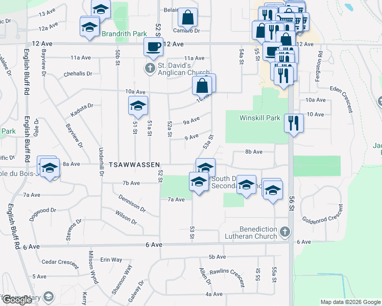 map of restaurants, bars, coffee shops, grocery stores, and more near 876 Harris Place in Delta