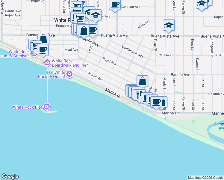 map of restaurants, bars, coffee shops, grocery stores, and more near 15377 Marine Drive in White Rock
