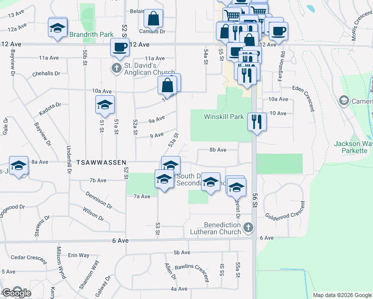 map of restaurants, bars, coffee shops, grocery stores, and more near 5377 8A Avenue in Delta