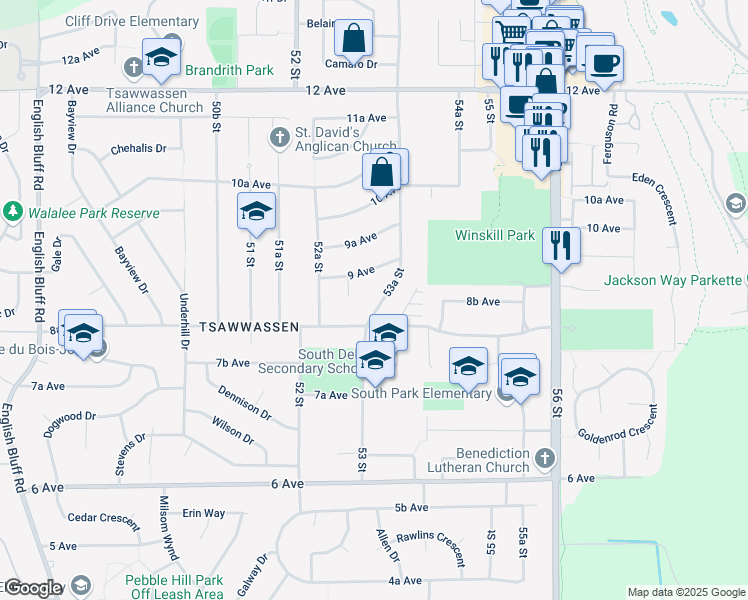 map of restaurants, bars, coffee shops, grocery stores, and more near 861 53A Street in Delta