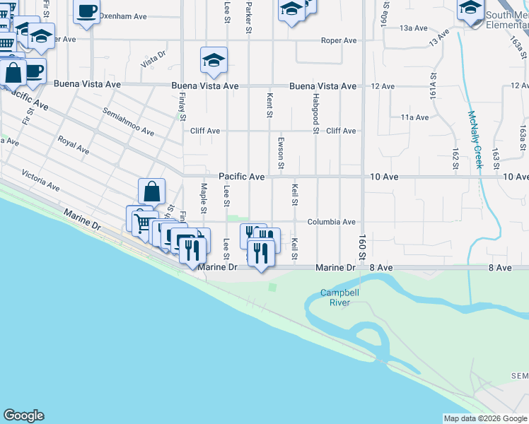 map of restaurants, bars, coffee shops, grocery stores, and more near 15775 Columbia Avenue in White Rock
