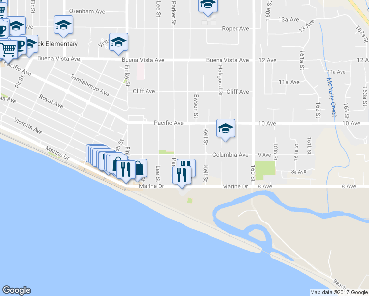 map of restaurants, bars, coffee shops, grocery stores, and more near 927 Kent Street in White Rock