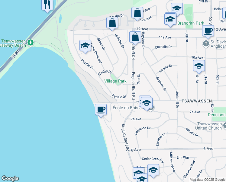 map of restaurants, bars, coffee shops, grocery stores, and more near 906 Pacific Drive in Delta