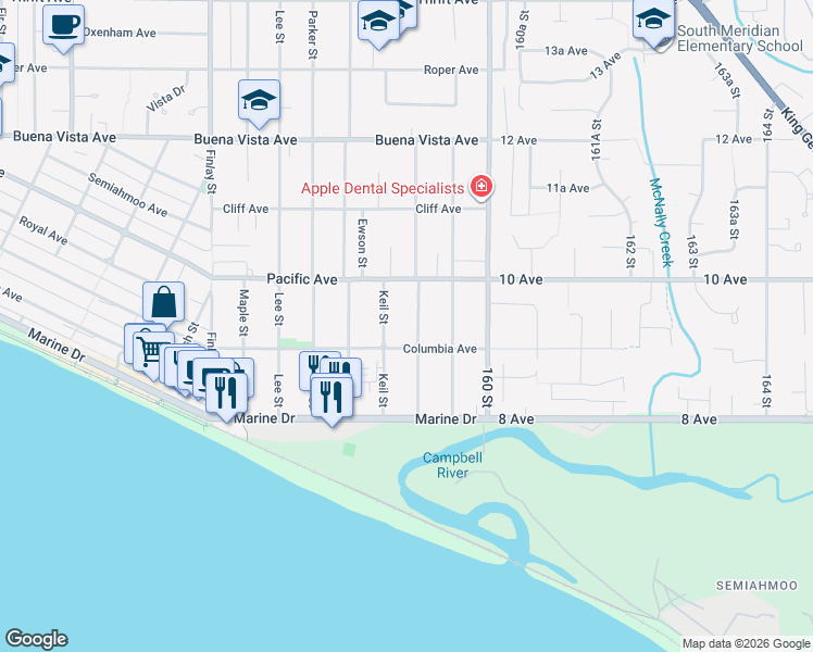 map of restaurants, bars, coffee shops, grocery stores, and more near 933 Habgood Street in White Rock