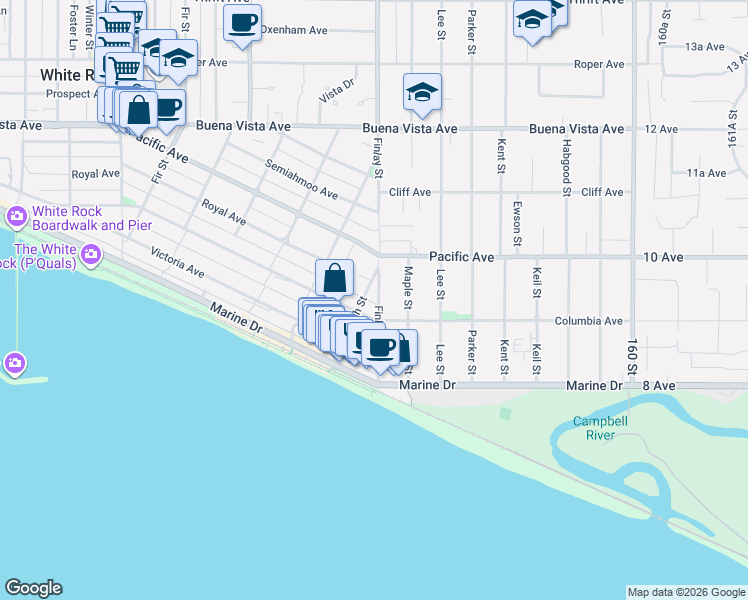 map of restaurants, bars, coffee shops, grocery stores, and more near 931 Finlay Street in White Rock